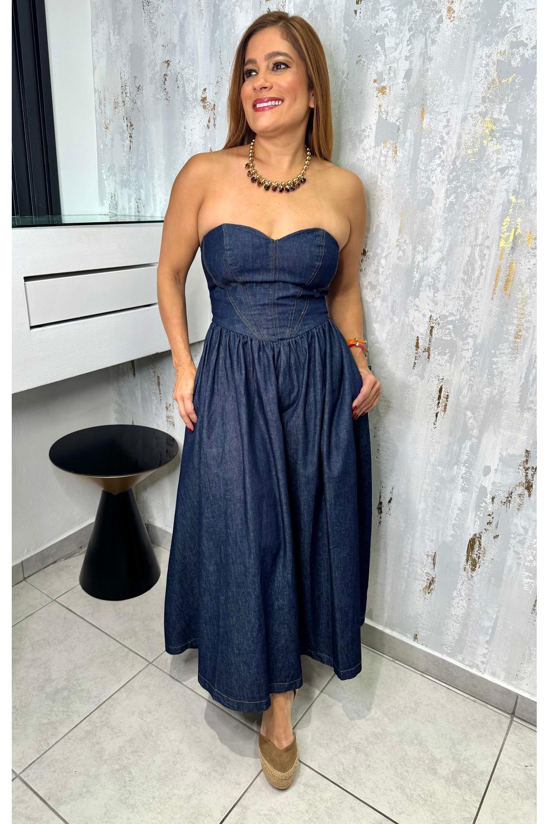 A Denim Midi Dress Featuring Strapless Sweetheart Neckline Bustier Top